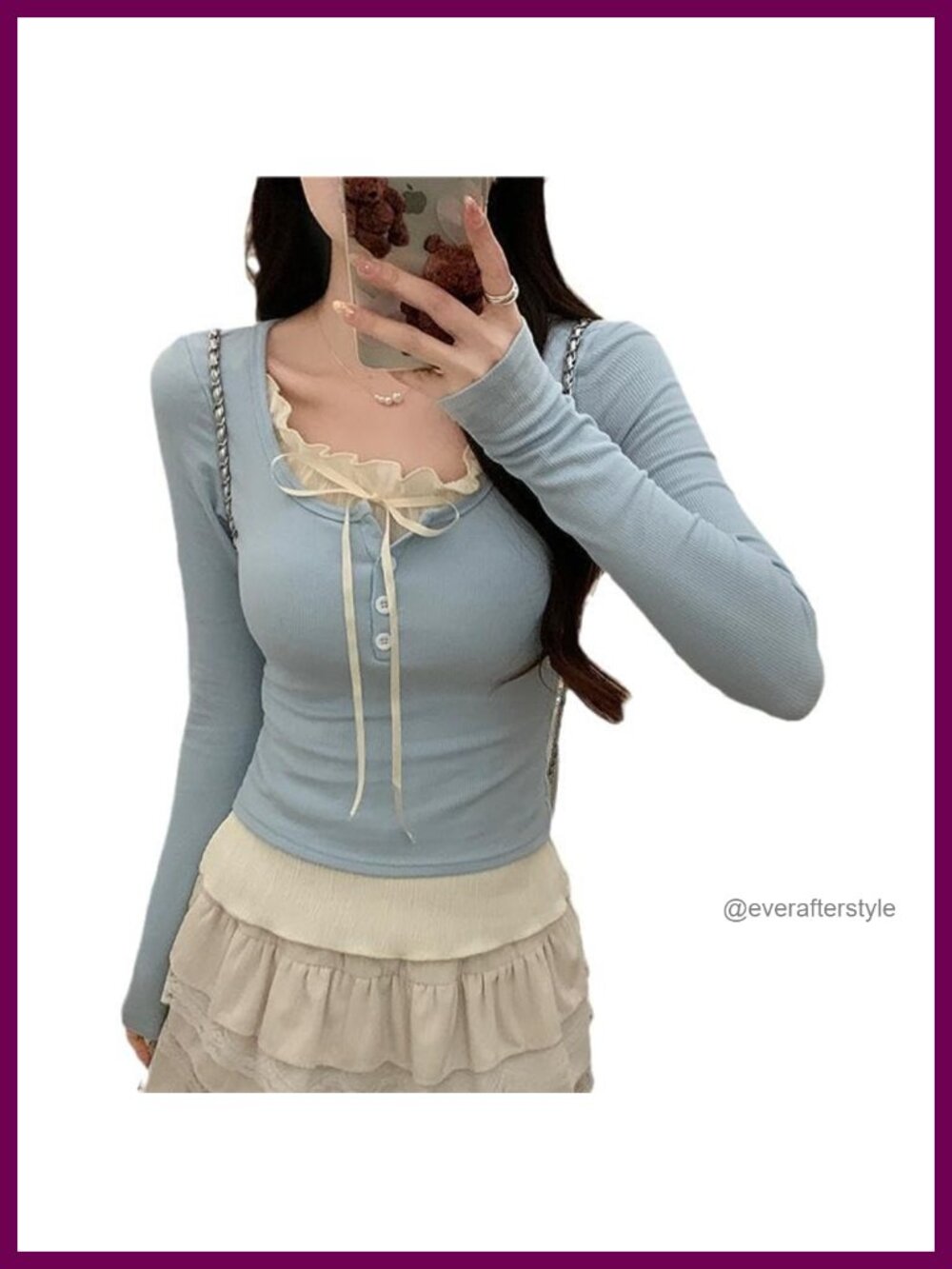Lace Patchwork Long Sleeve Crop Top Bow Tie Coquette Fairycore Tee
